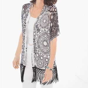 Chicos 0/S Medallion Print Boho Short Sleeve Open Front Eliska Fringe Cardigan